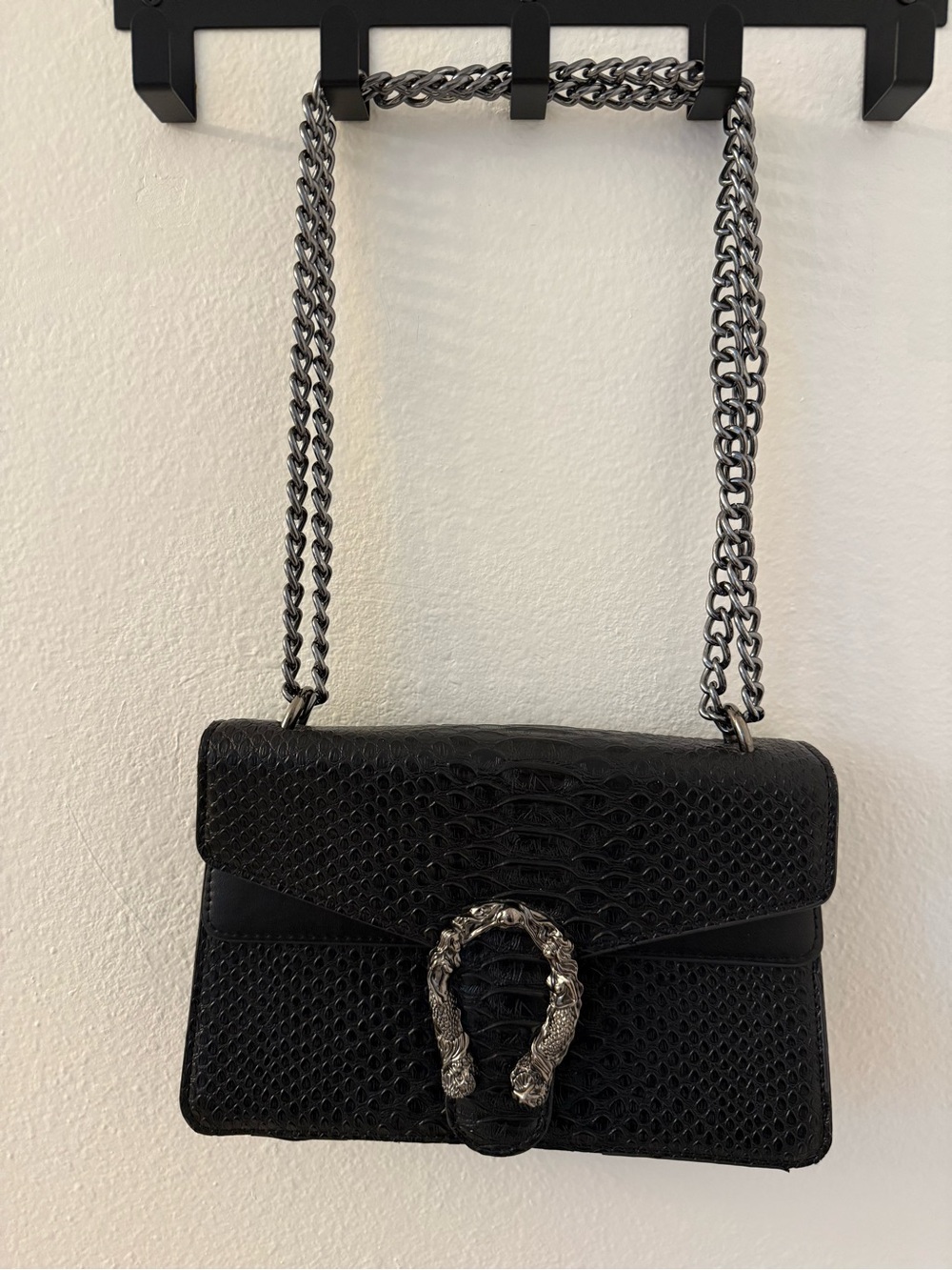 Black Textured Shoulder Bag with Silver Chain
